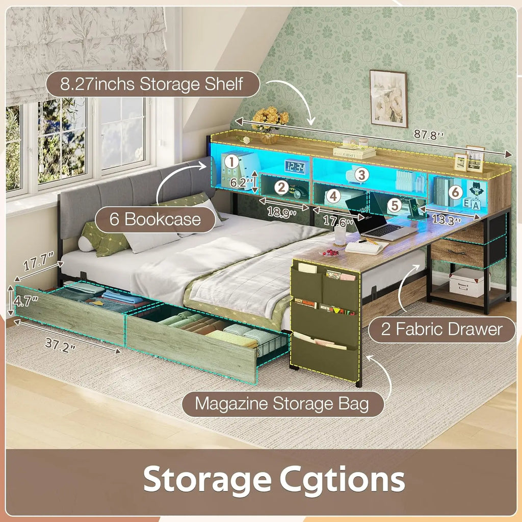 Corner Bed Full Desk Headboard 4 Drawers 6 Shelves LED USB