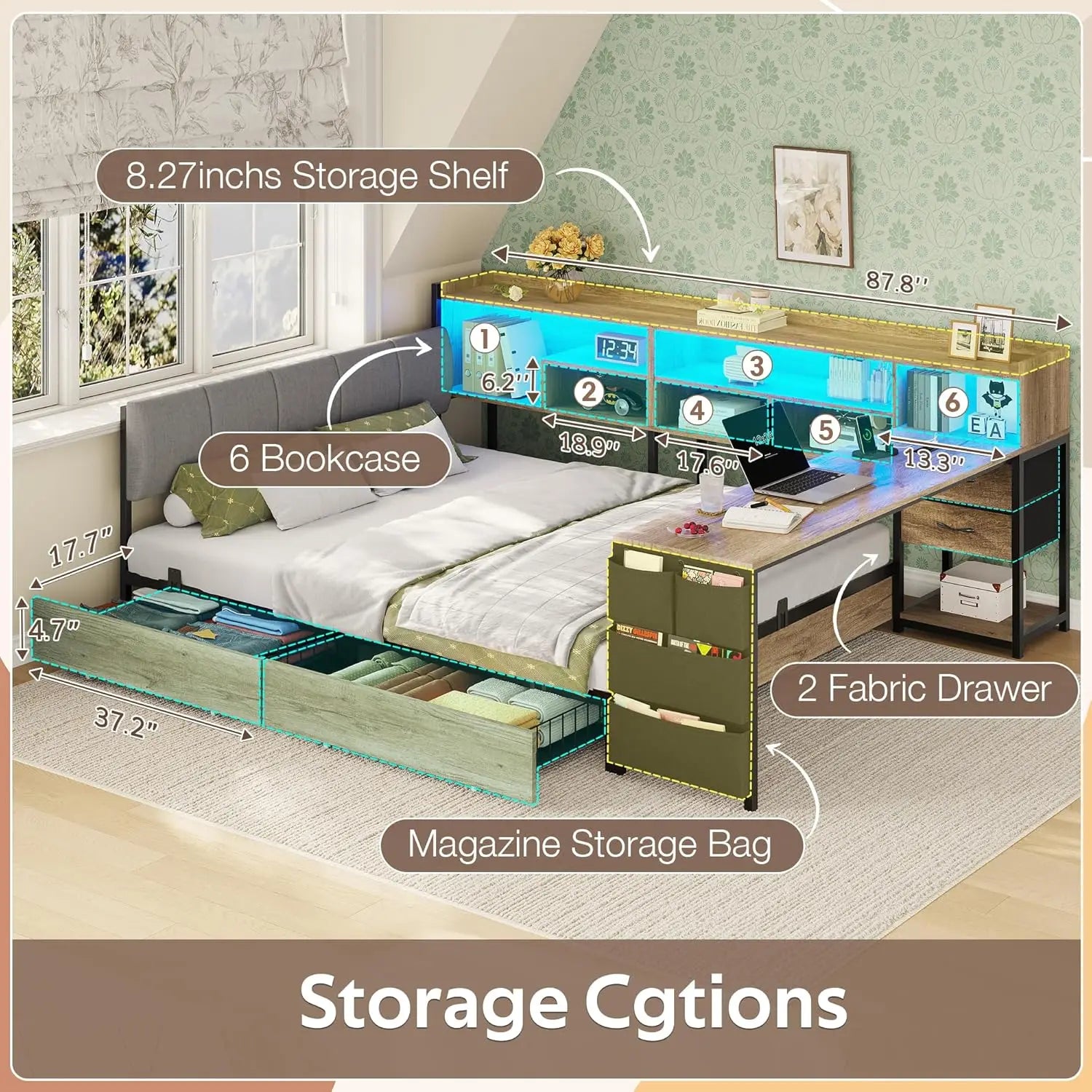 Corner Bed Full Desk Headboard 4 Drawers 6 Shelves LED USB
