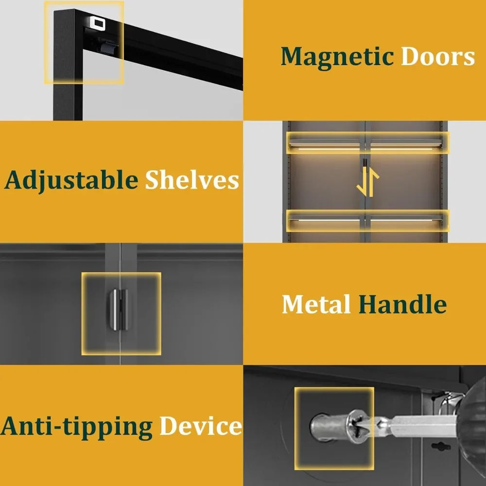 Display, Glass Doors LED Lights, 3 Adjustable Shelves, 4-Tier Shelves