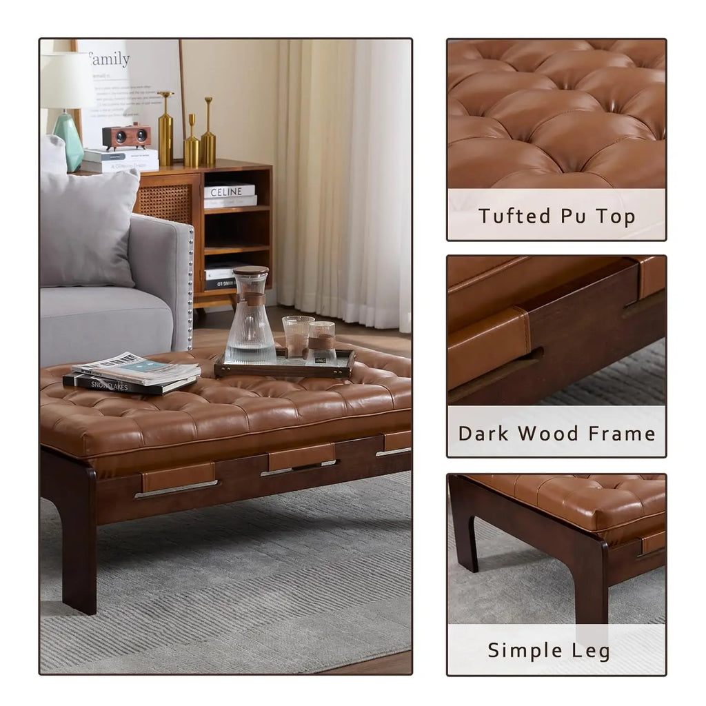 48IN Tufted Leather Ottoman Coffee Table, Rectangular Upholstered