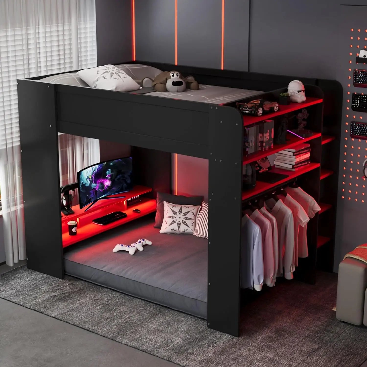 Full Size Wood Bunk Bed, Height-Adjustable Desk, Ample Wardrobe/Storage, RGB Light, Red