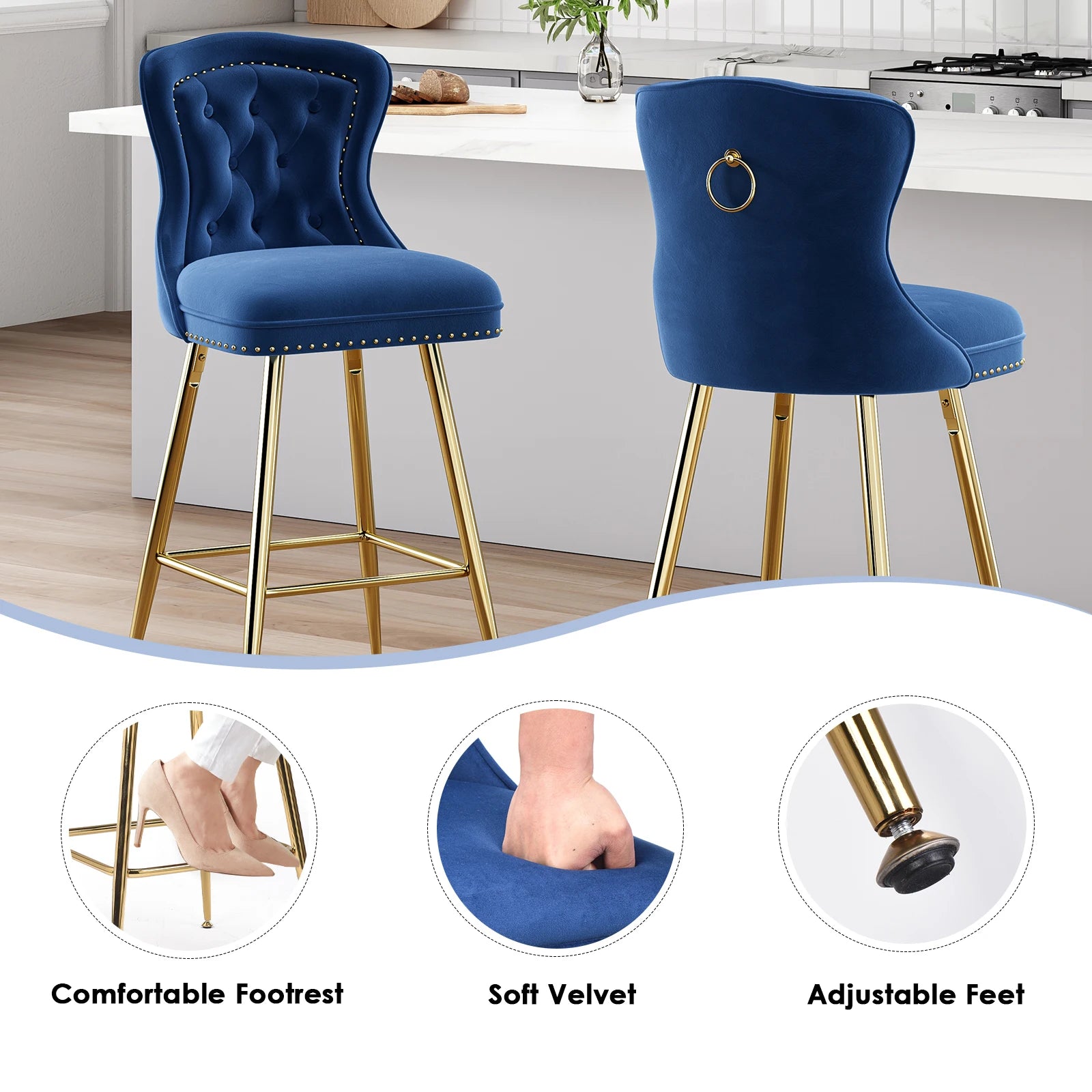 2-Set Bar Stools, Counter Height, Metal Legs, Button Tufted, Nail Heads