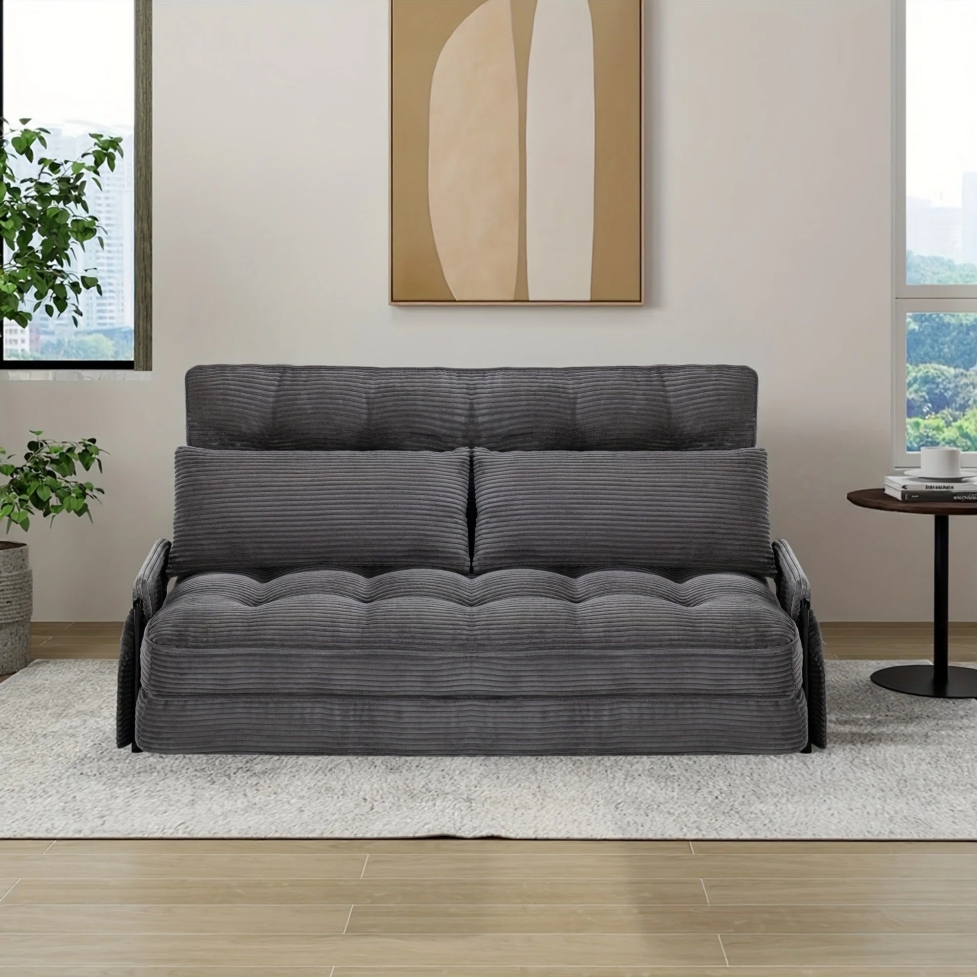 Convertible Foldable Sleeper Chair Memory Foam Corduroy Fabric Metal Frame