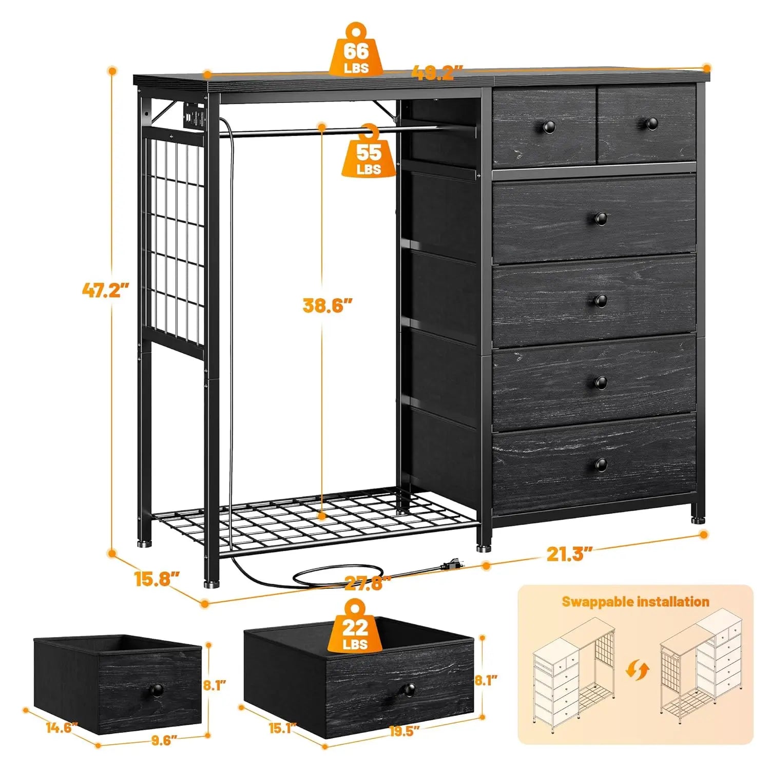 49.2" Dresser w/Hanging Rack, 6 Drawers, LED Lights , Charging Station, Fabric Dressers