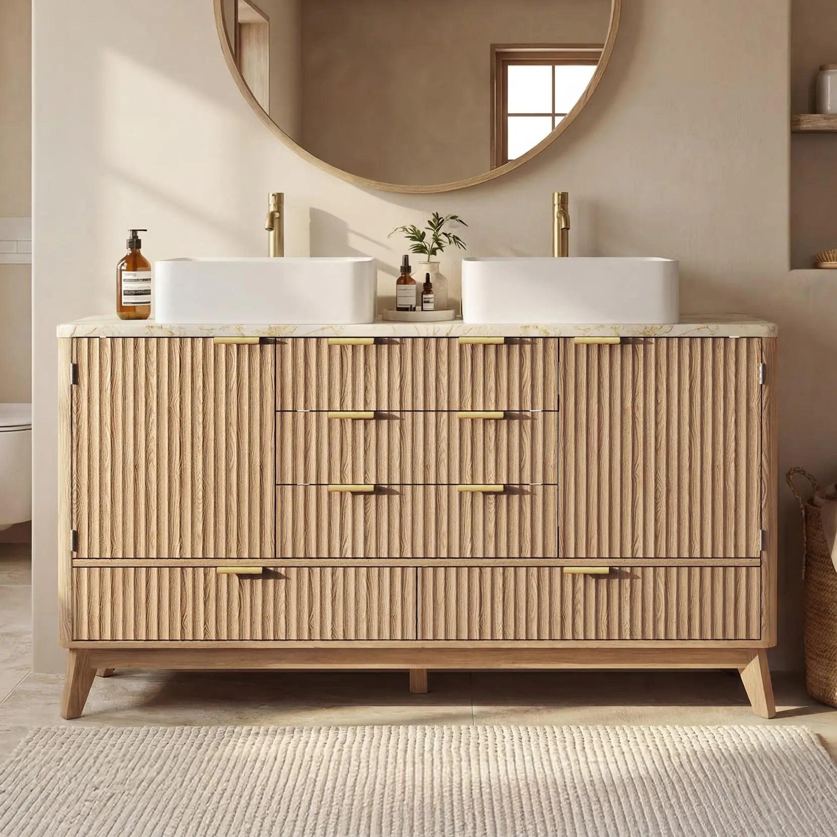 55'' Fluted Vanity Double Ceramic Sink, 2 Cabinets 5 Drawers