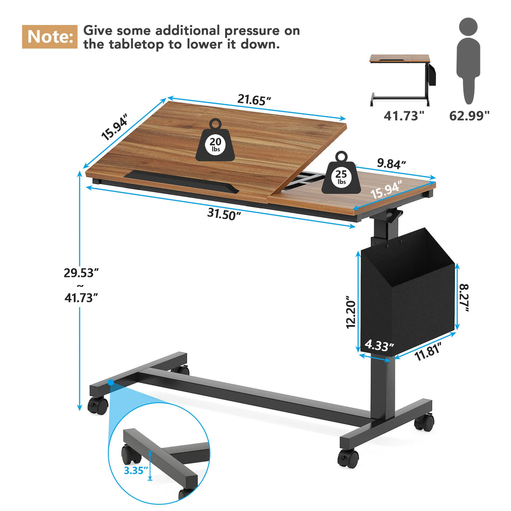 Height Adjustable C-Shaped Table, Wheels, Side Pocket, Tiltable Drawing Board
