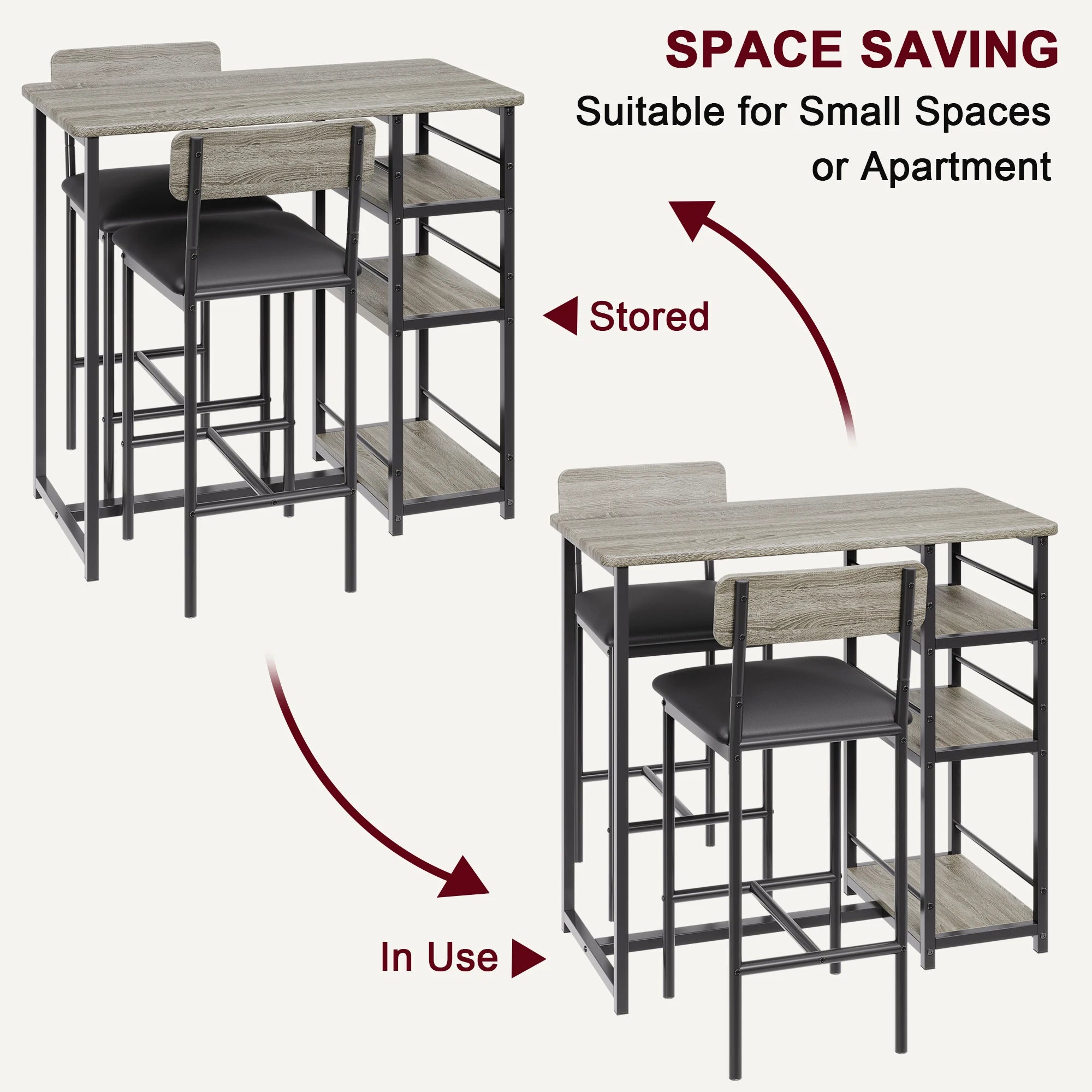Dining Table Set, 3-Tier Shelves  with 2 Padded Chairs