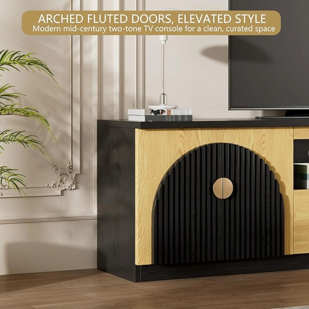 70IN Fluted TV Stand, Curved Profile, 2-Drawers, Storage Cabinets
