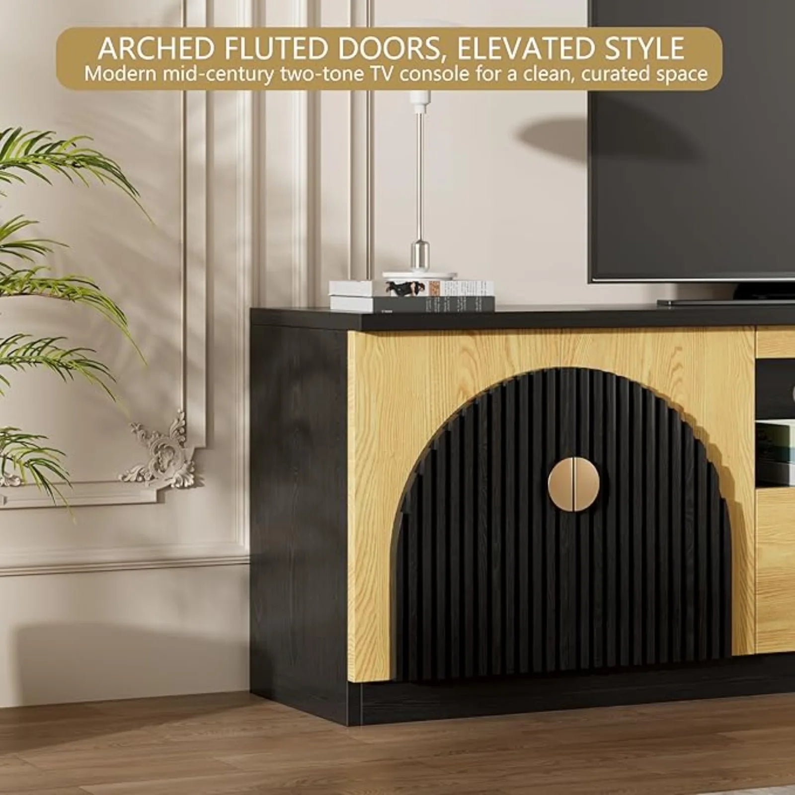 70IN Fluted TV Stand, Curved Profile, 2-Drawers, Storage Cabinets