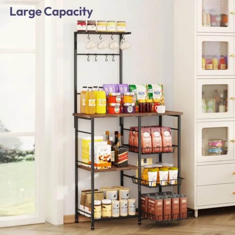Baker's Rack Storage, Coffee Bar Cabinet, Shelves, Organizer 8 Hooks, Baskets