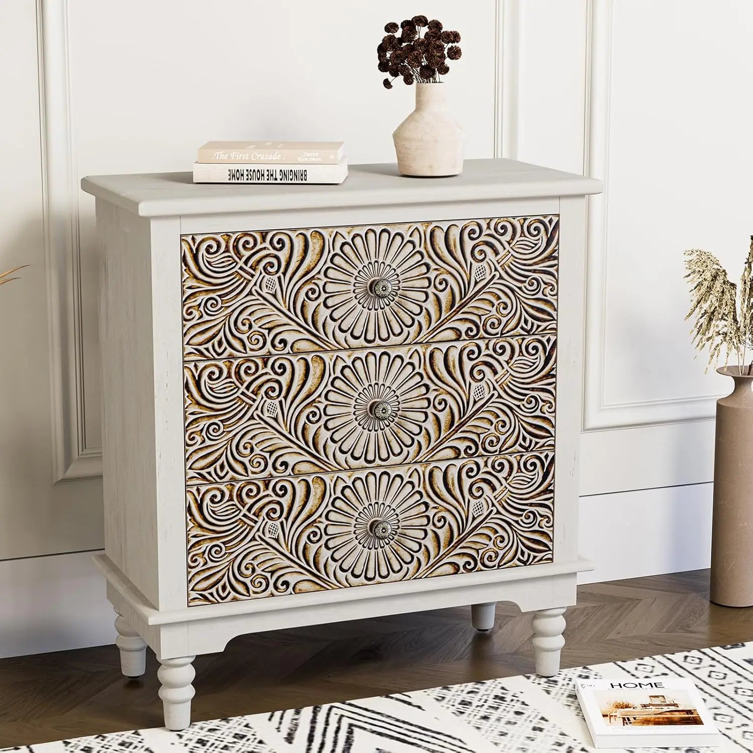 White Nightstand 2-Drawer & Storage Flower Motif