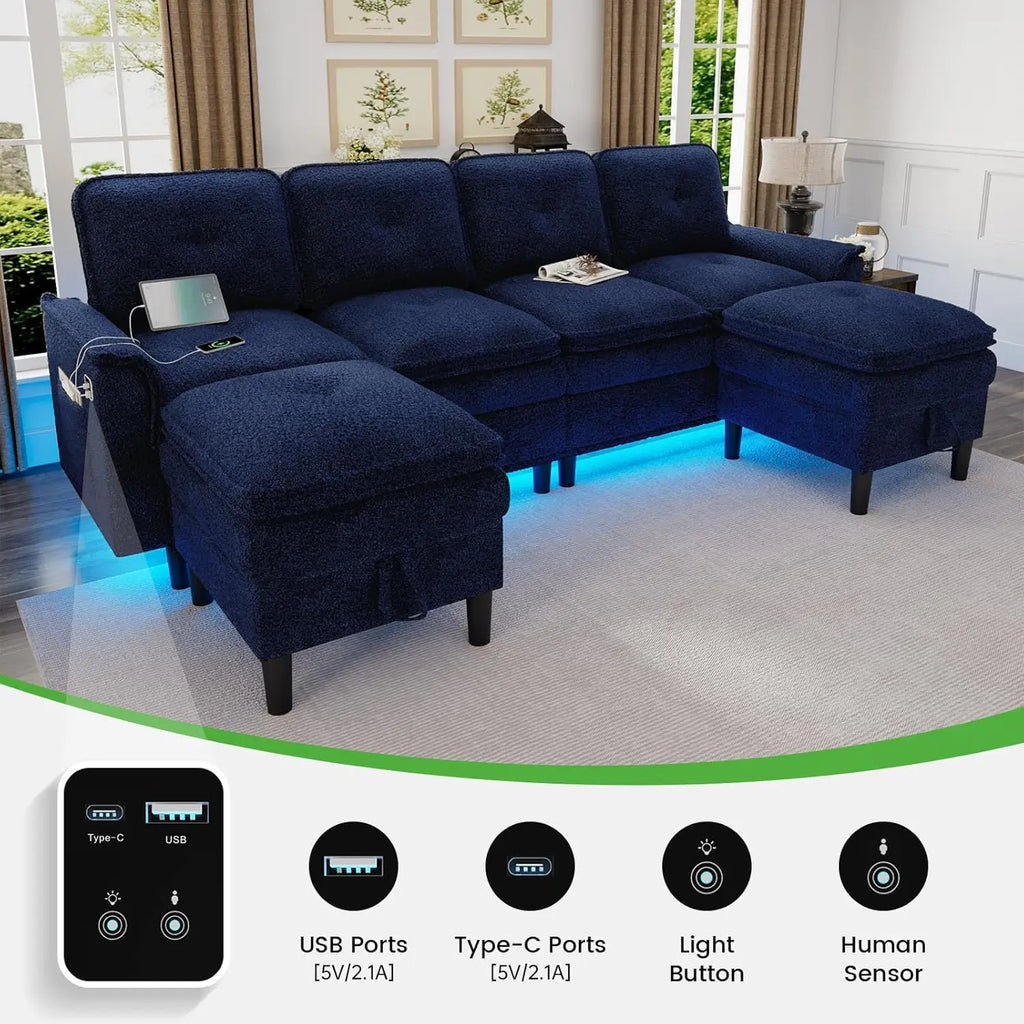 U/L Shaped 4-Seat Sectional Sofa USB Charging LED Storage Ottoman