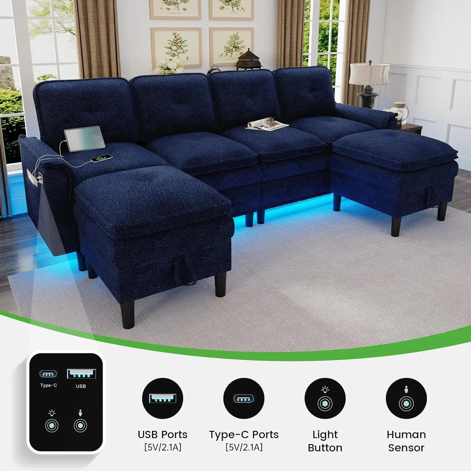U/L Shaped 4-Seat Sectional Sofa USB Charging LED Storage Ottoman