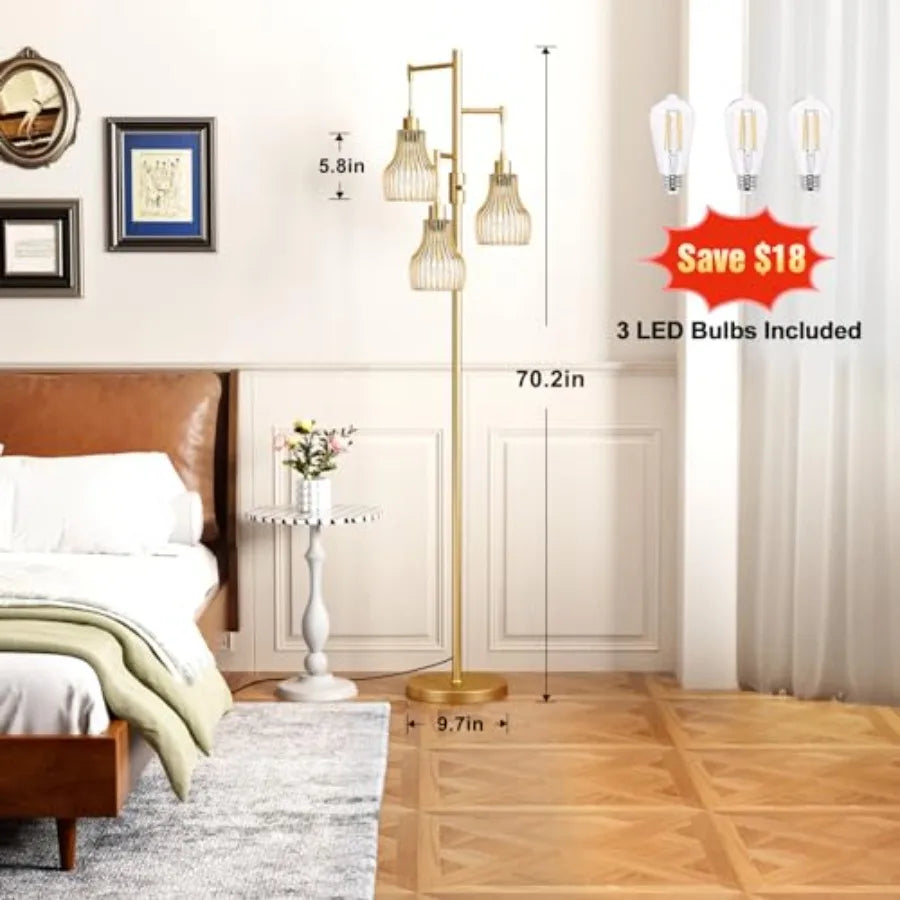 Dimmable Gold Floor Lamps 70" Tall Free Standing w/3 Elegant