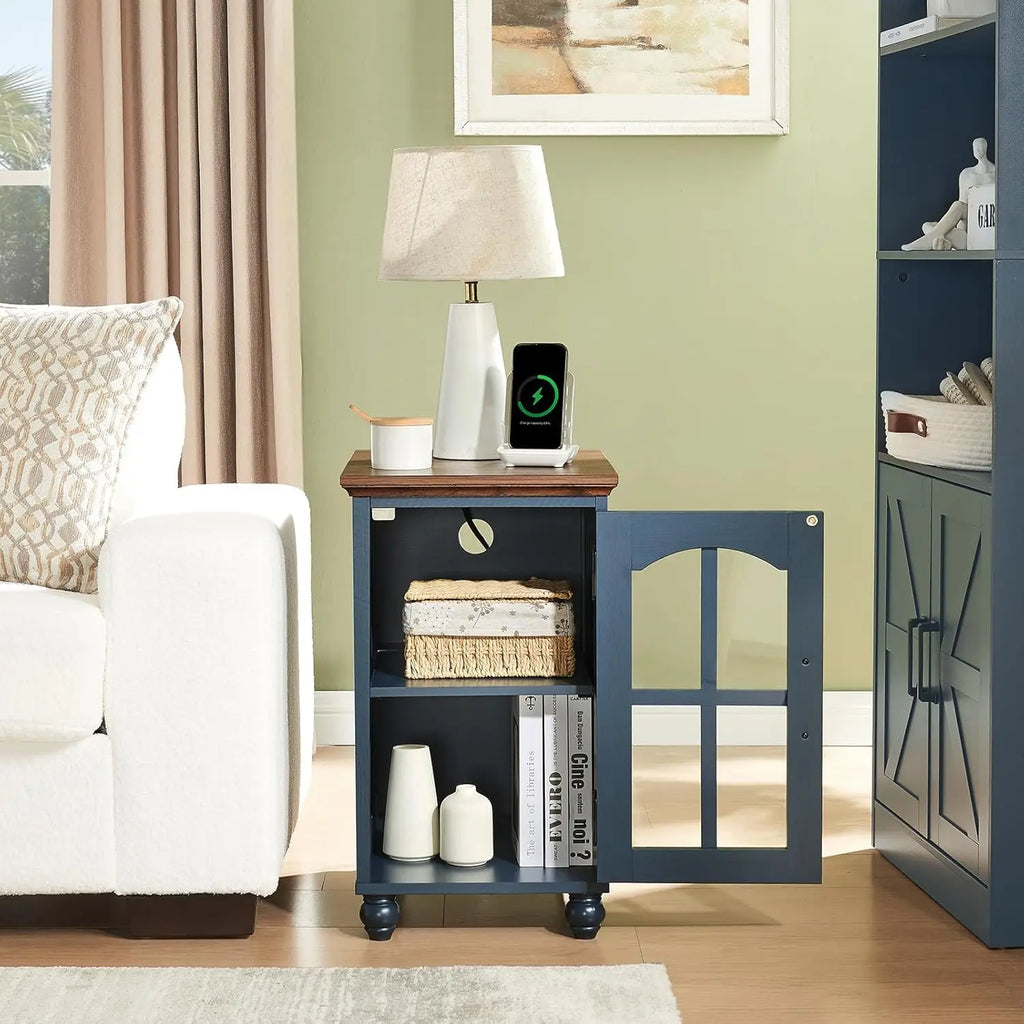 Narrow End Table Set of 2 Charging Station Glass Door