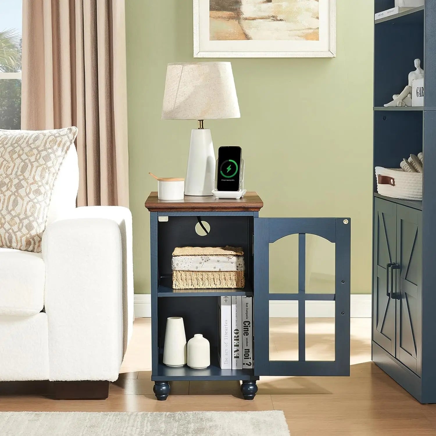 Narrow End Table Set of 2 Charging Station Glass Door