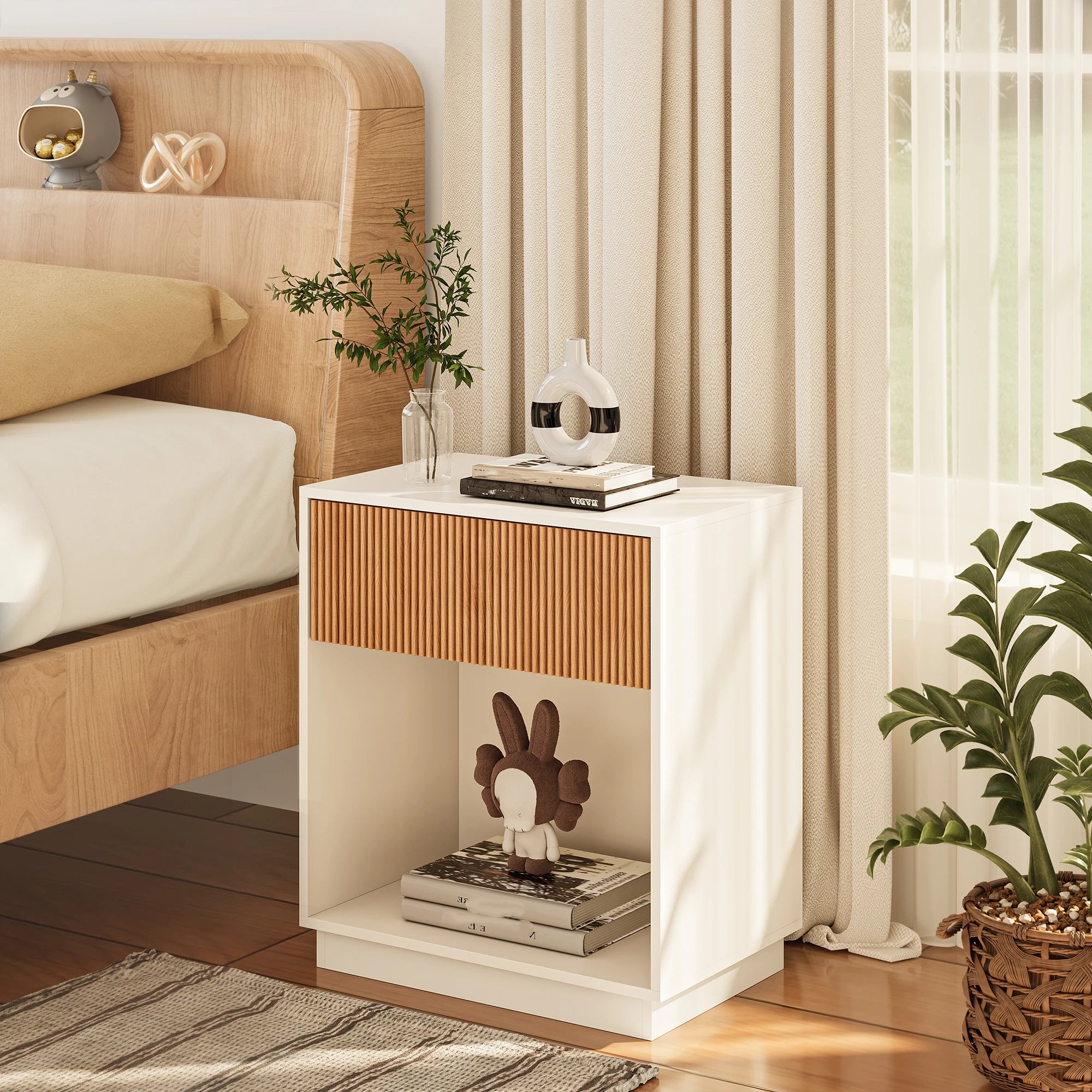 Fluted Nightstands Set Of 2, Wood, Drawer, Open Storage Shelf,