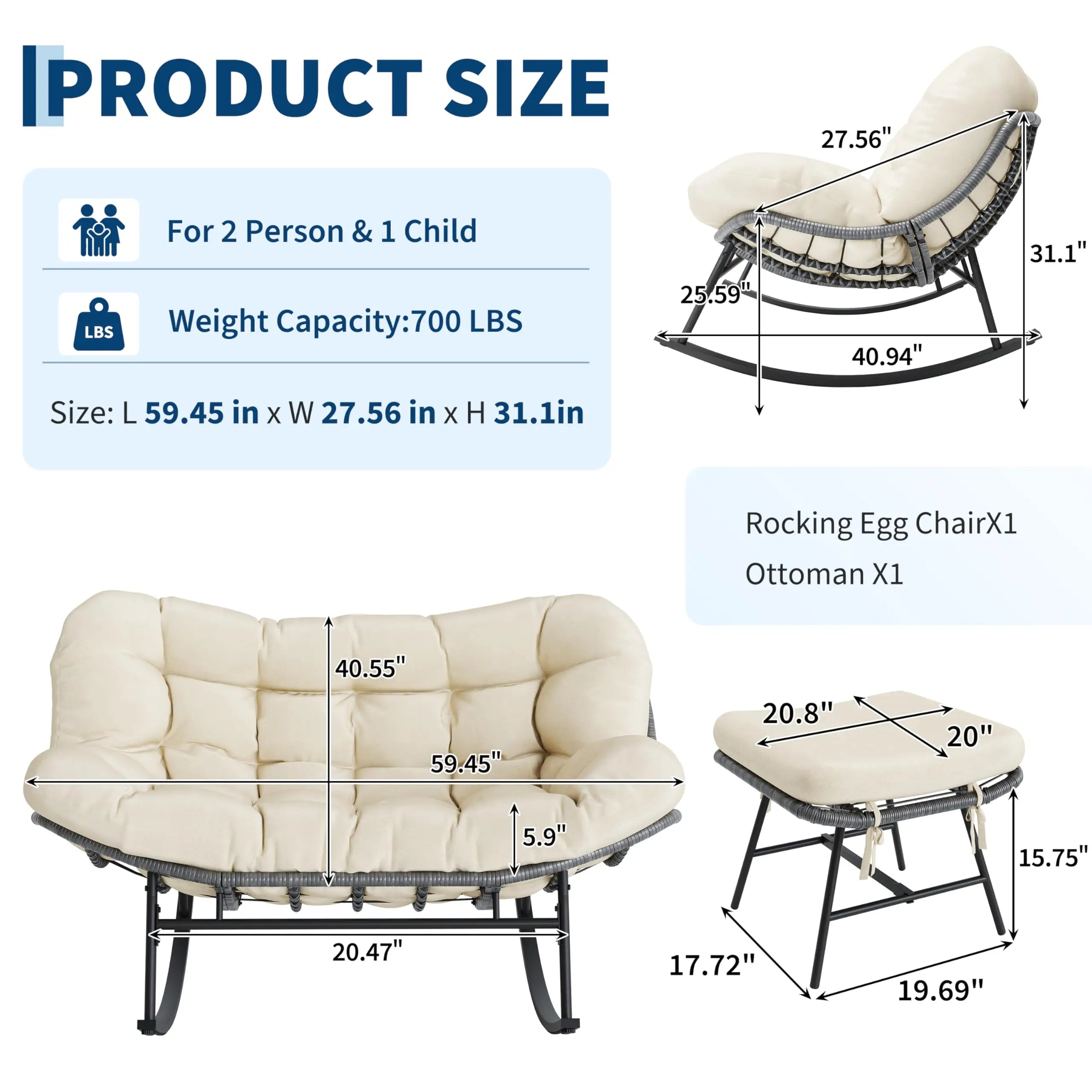 Oversized Papasan Double Wicker Egg Patio Rocking Chair Set W/Ottoman