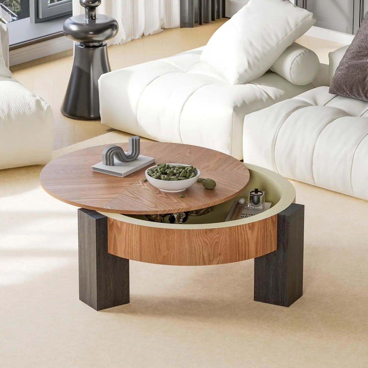 Modern Wabi-Sabi Style Circle Coffee Table Hidden Storage  Wood Center