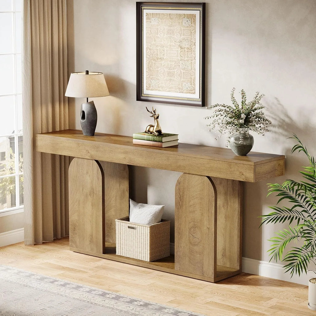 70.9-Inch Extra Long Farmhouse Console Table, 2-Tier Storage Shelf