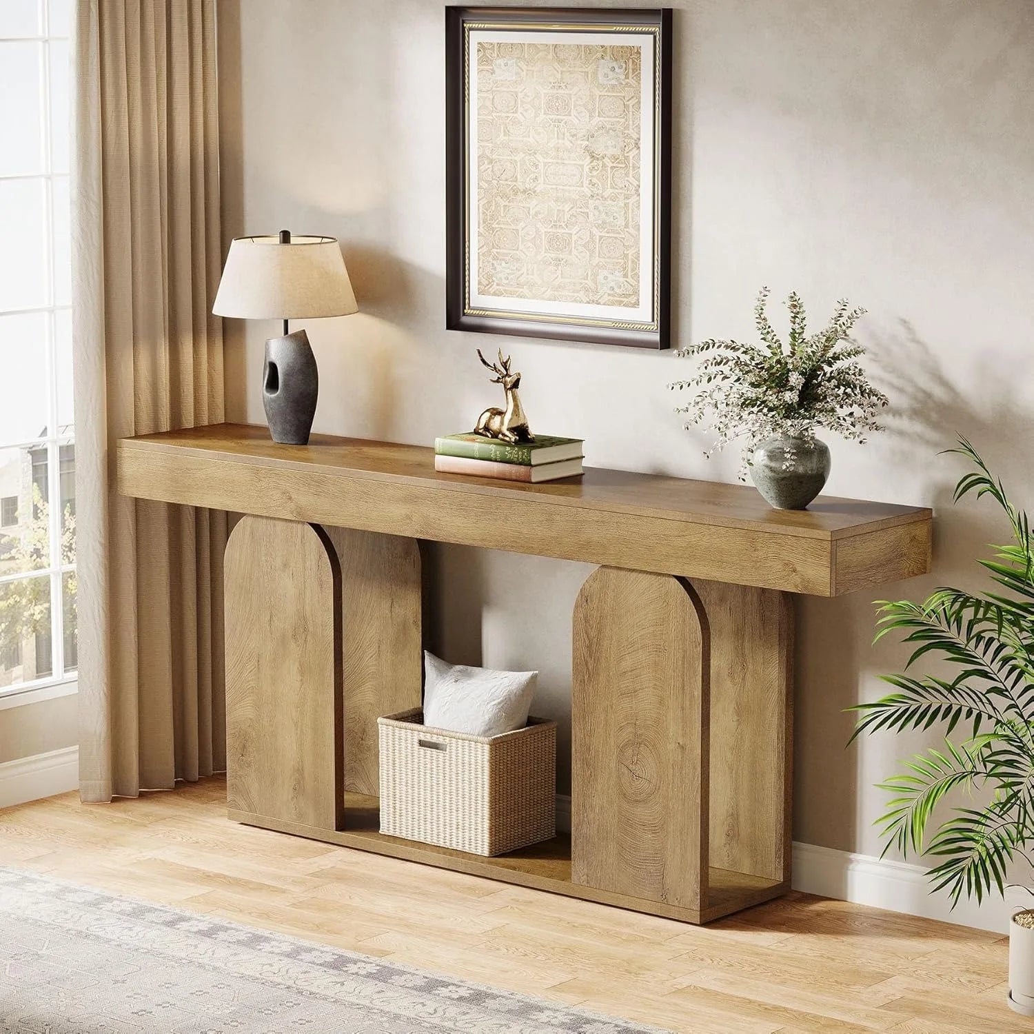 70.9-Inch Extra Long Farmhouse Console Table, 2-Tier Storage Shelf
