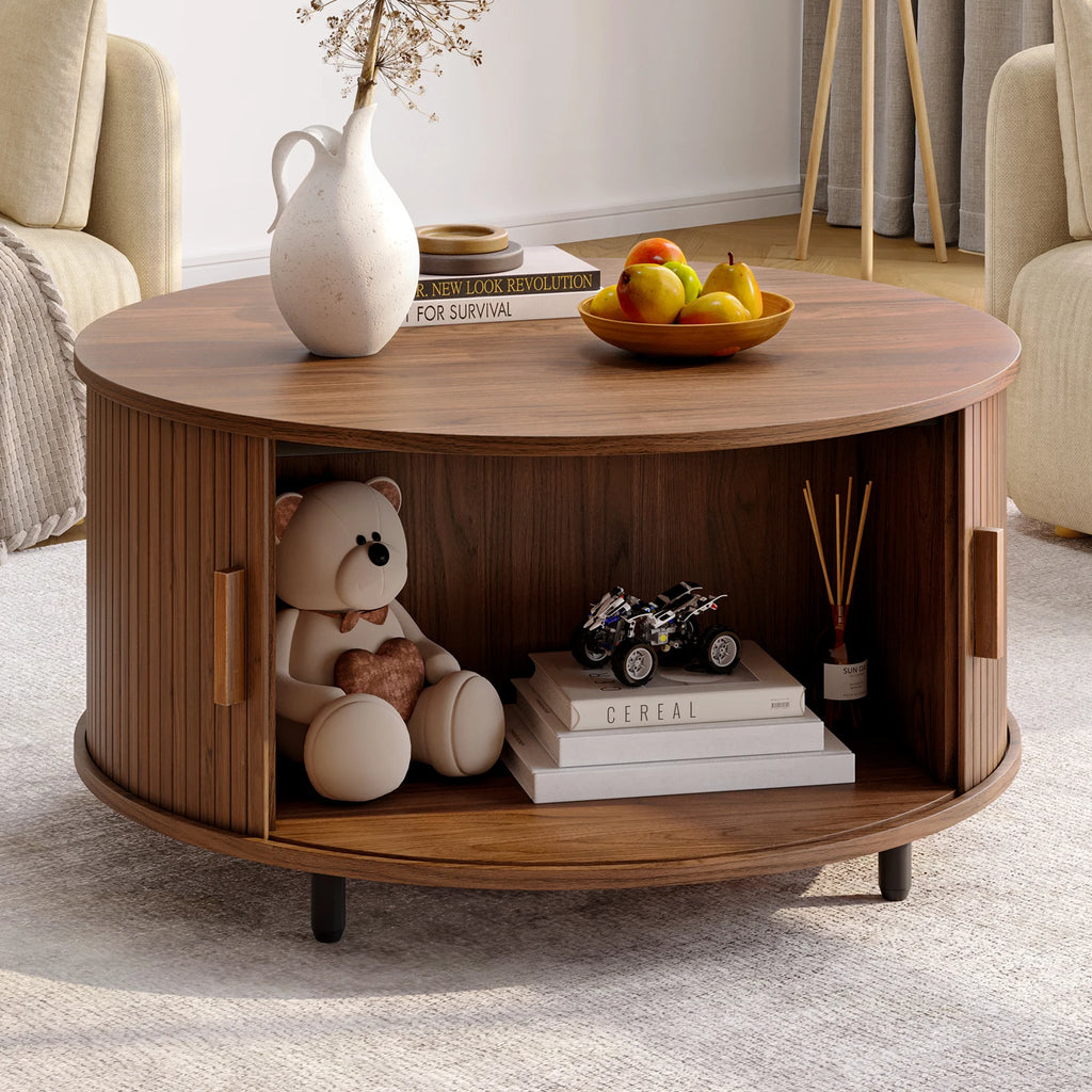 31.5" Round Coffee Table Storage 360° Curved Sliding Door, Fluted