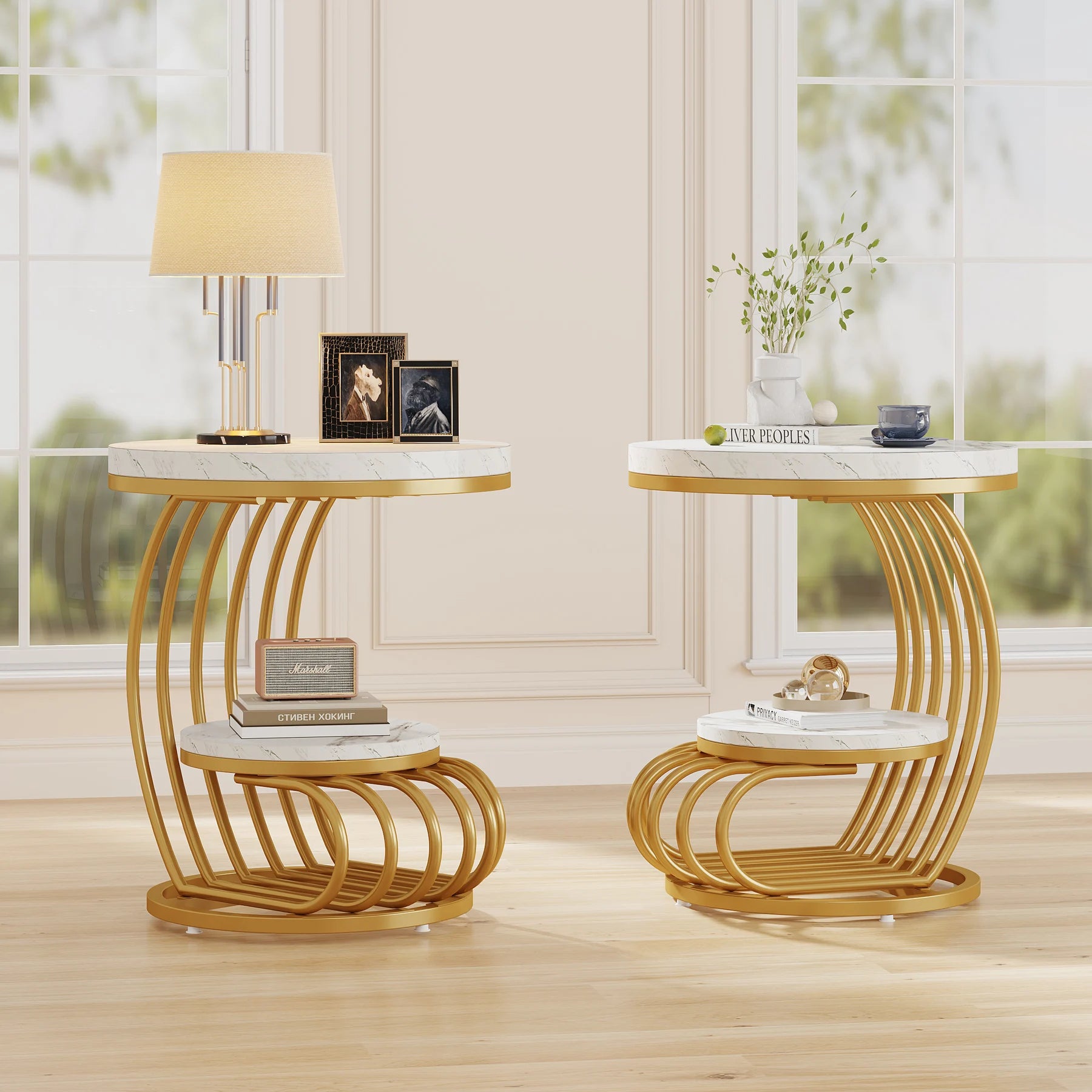 Gold Round End Table 2-Tier, Faux Marble, Storage Shelf