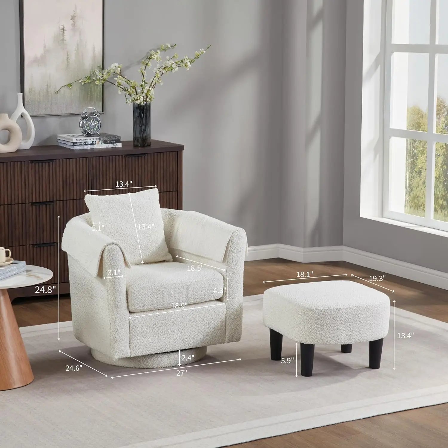 42" Oversized Upholstered Accent Chair, Swivel Barrel Chair, Storage Ottoman