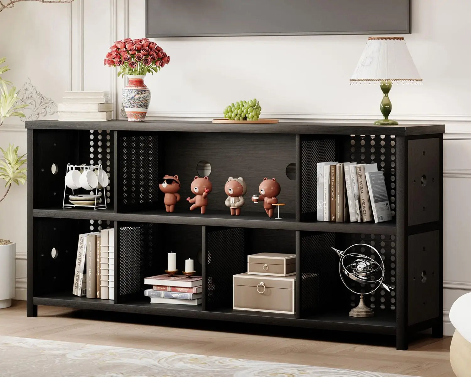 Rustic Horizontal Bookshelf, Industrial Large Wide Bookcase Cube Storage