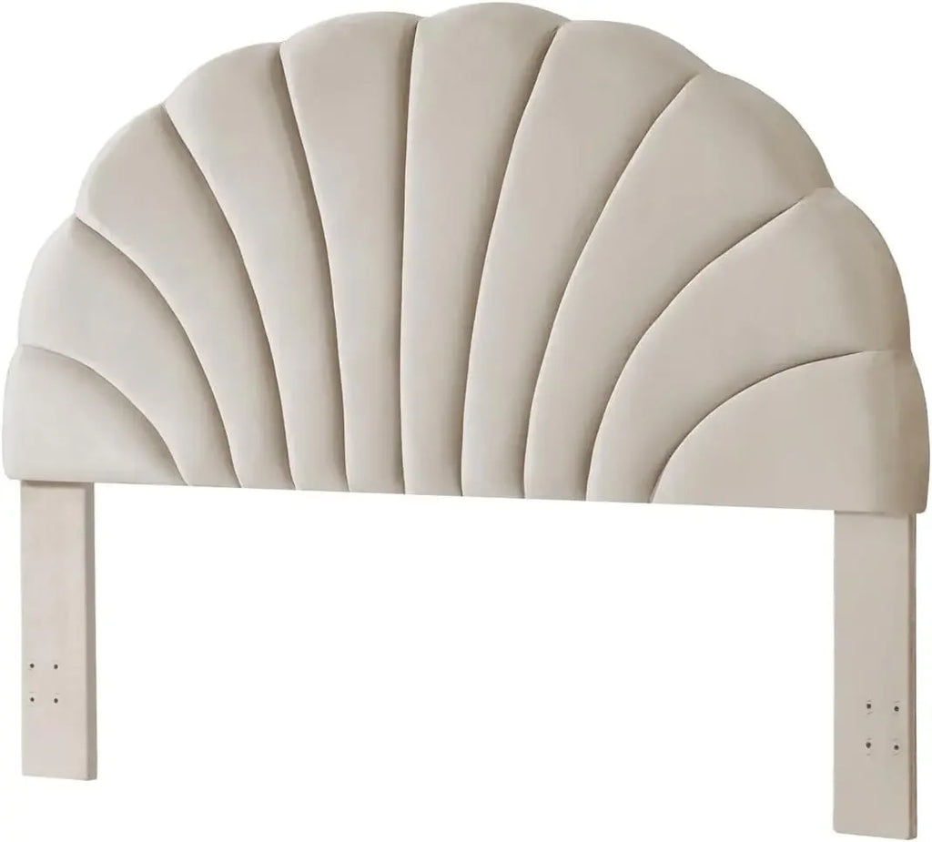 King/CA Headboard Stunning Crown Design, Upholstered Soft Velvet Petal, Beige