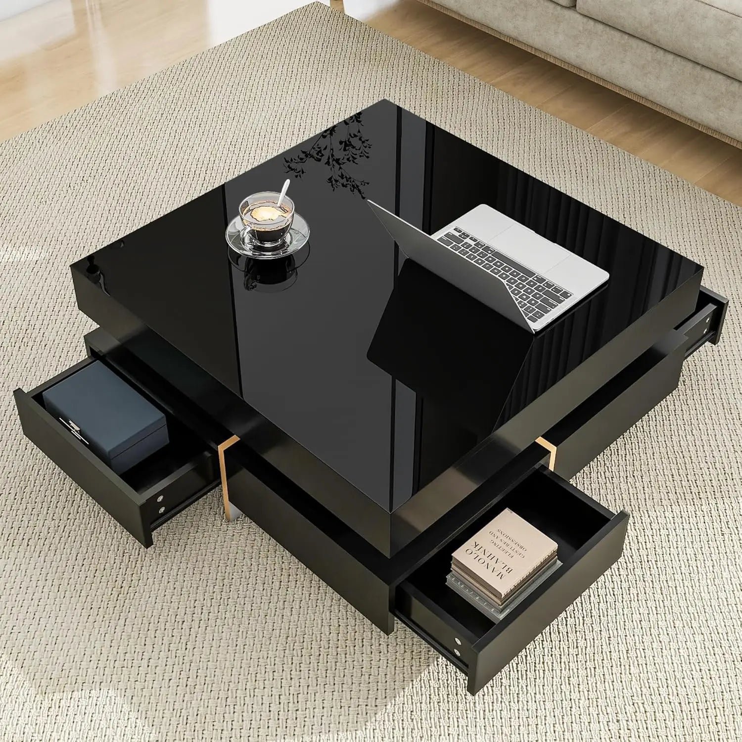 Coffee Table, Faux Marble Top, Rectangular with Caster Wheels.