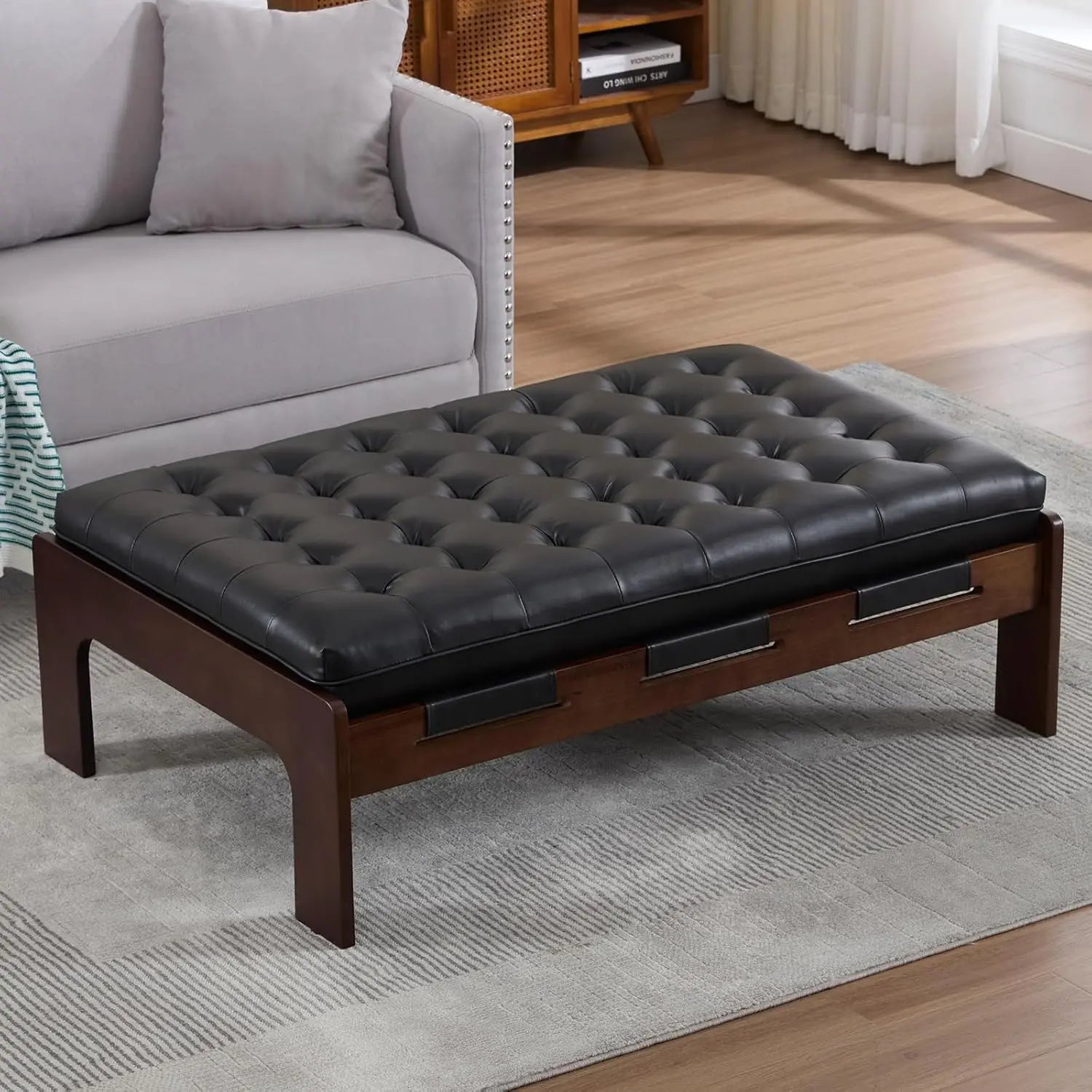 48IN Tufted Leather Ottoman Coffee Table, Rectangular Upholstered