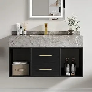 Floating Vanity, Sintered Stone Sink, 2 Drawers, 2 Walnut Doors