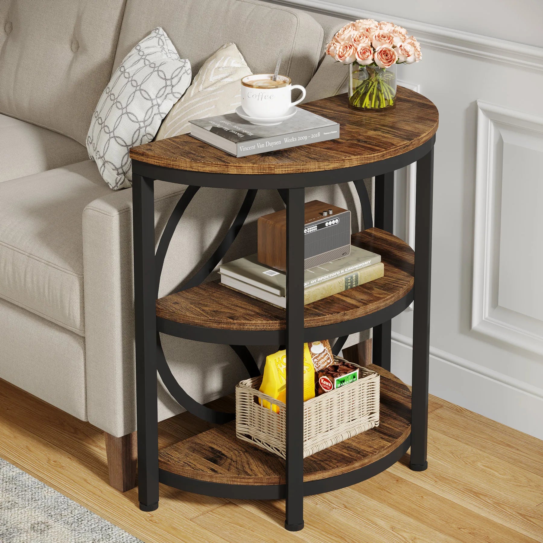 3-Tier Half Side Industrial Table, Metal Frame, Storage