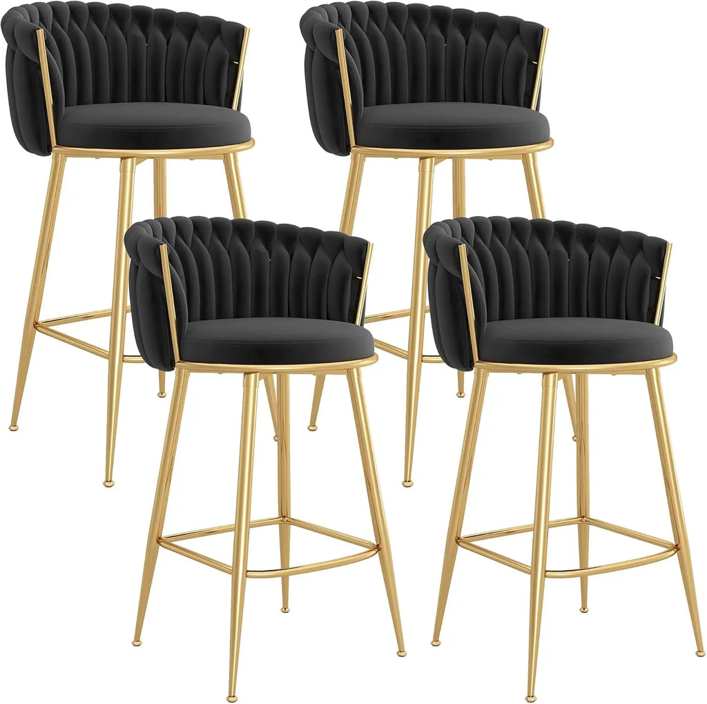 4-PC Velvet Upholstered 27IN (approx. 69 Cm) Seats, Hand-woven Backrest, Armrests