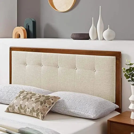 Modway Draper Tufted Full Fabric Wood Headboard in Walnut Beige