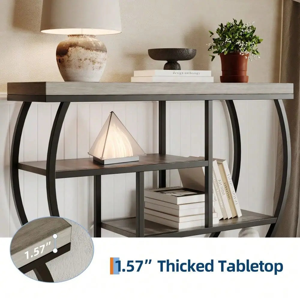 4-Tier Narrow Circle Base Wooden Sofa Table, Metal Frame