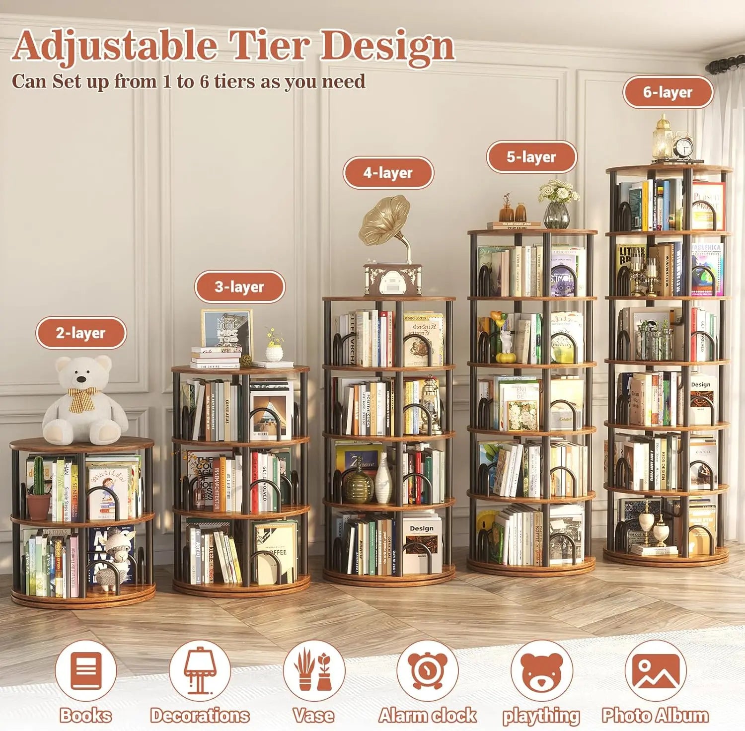 6-Tier Rotating Tower, 360° Spinning Bookcase, Narrow Swivel Organizer