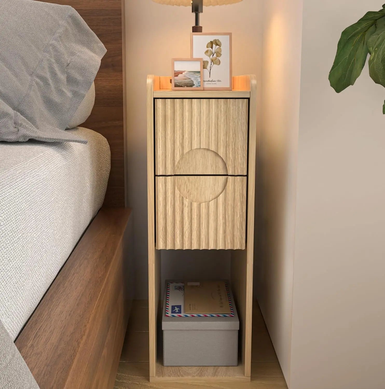 Narrow Fluted End Tables, Set of 2, Wooden 2 Drawers, Slim Nightstands