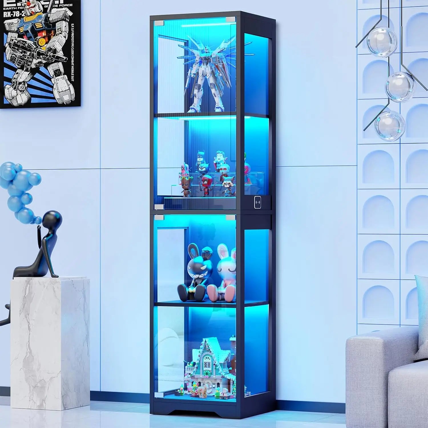 4-Tier Glass Display Cabinet,  Adjustable LED Lights and Sensor