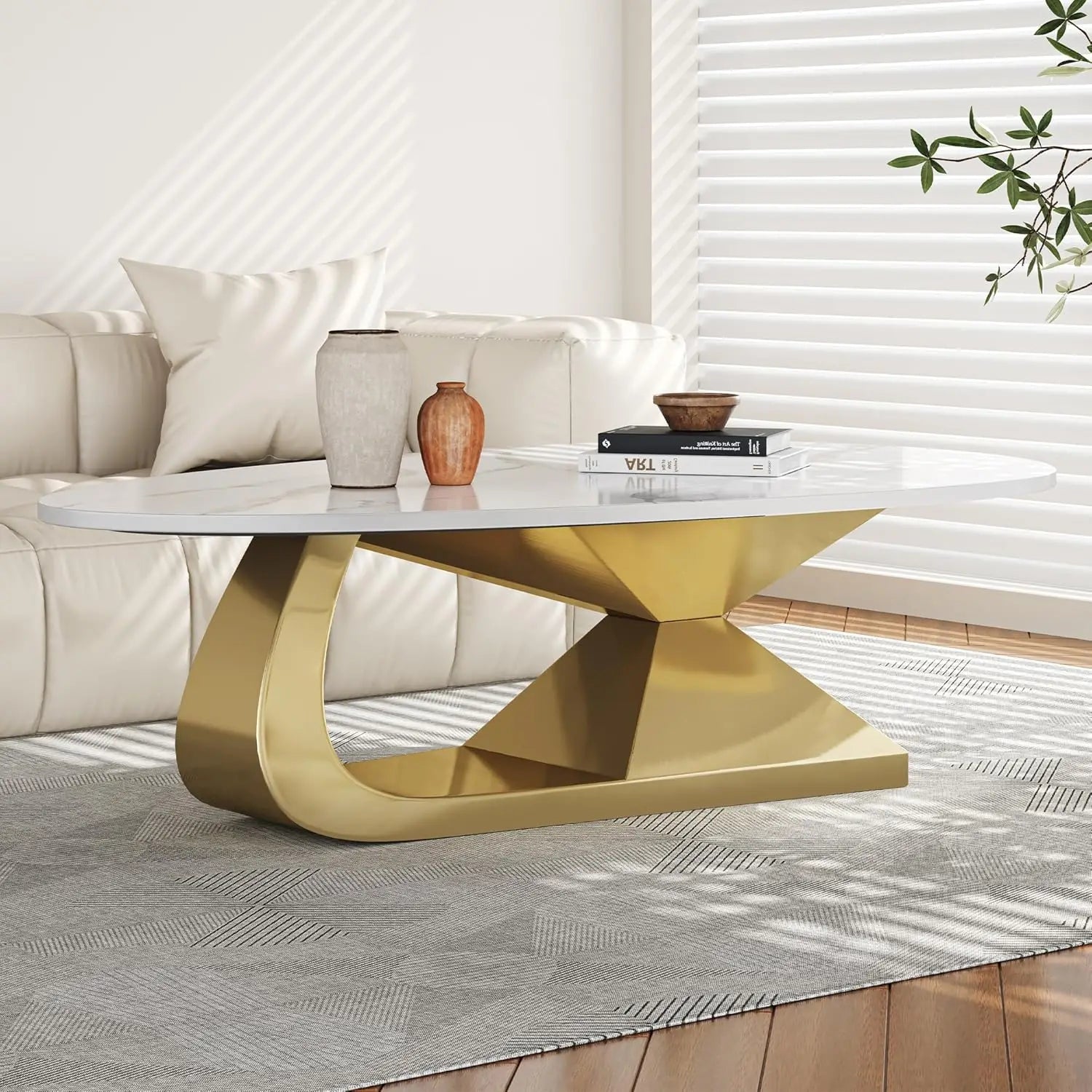 Coffee Table, Silver Stainless Steel Pedestal Oval Faux Marble Top.
