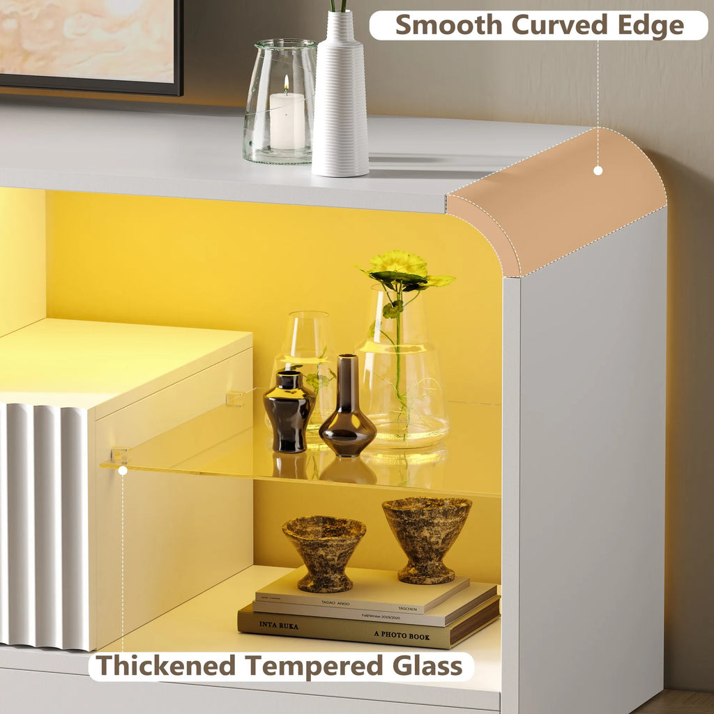 For 60/65/70-Inch TVs, Modern Curved TV Console LED Lights, 2 Drawers & Glass Shelves
