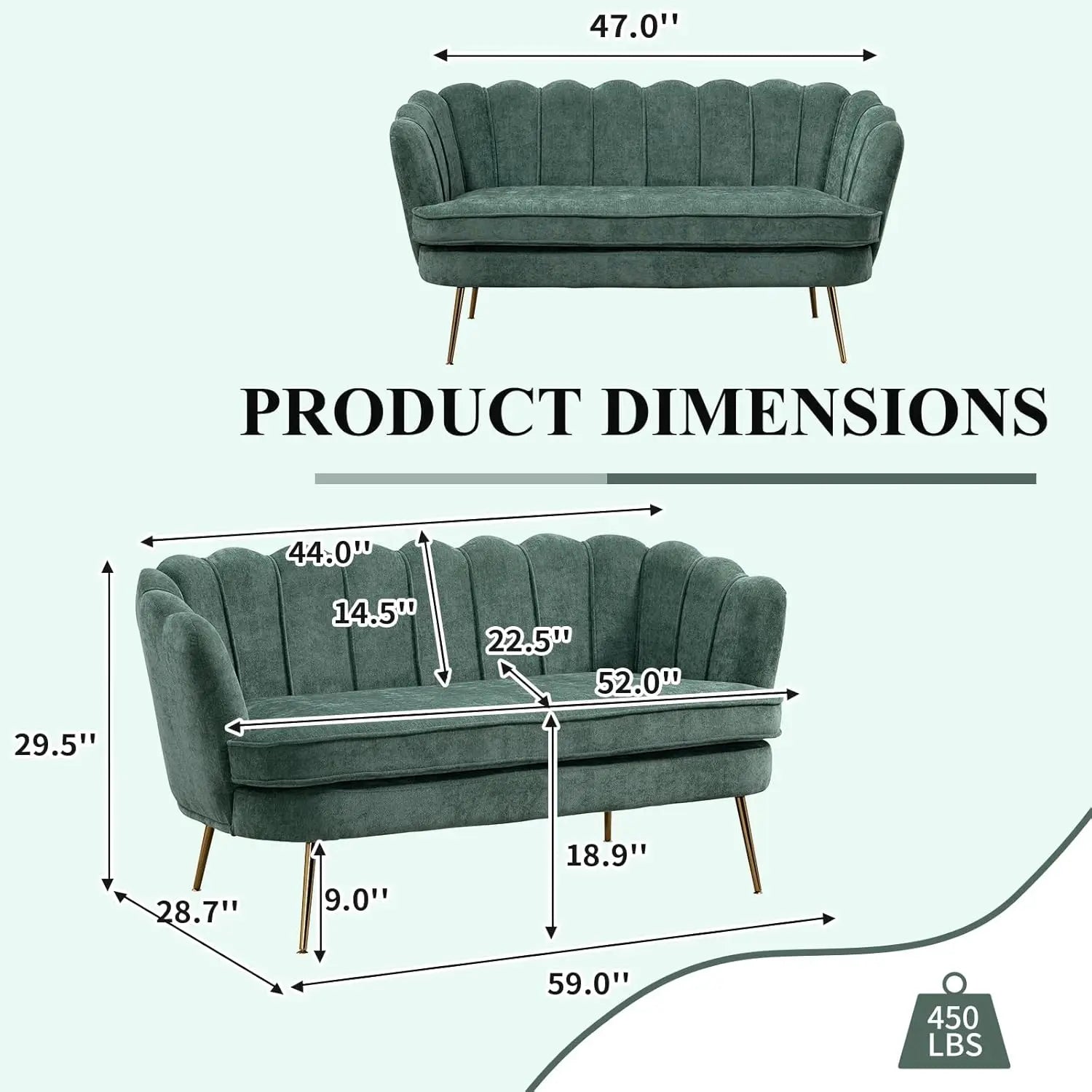 59" Chenille Upholstered Loveseat, Gold Metal Legs, Petal Design