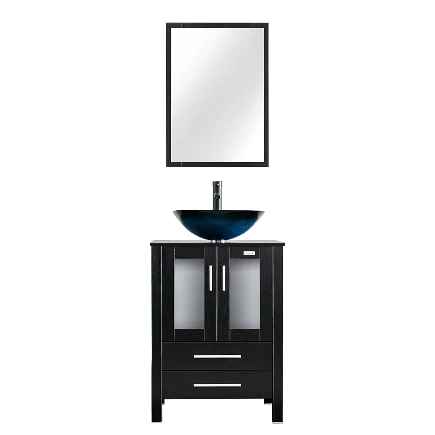 24" Vanity Blue Glass Vessel 2 Drawers Cabinet Soft Closing