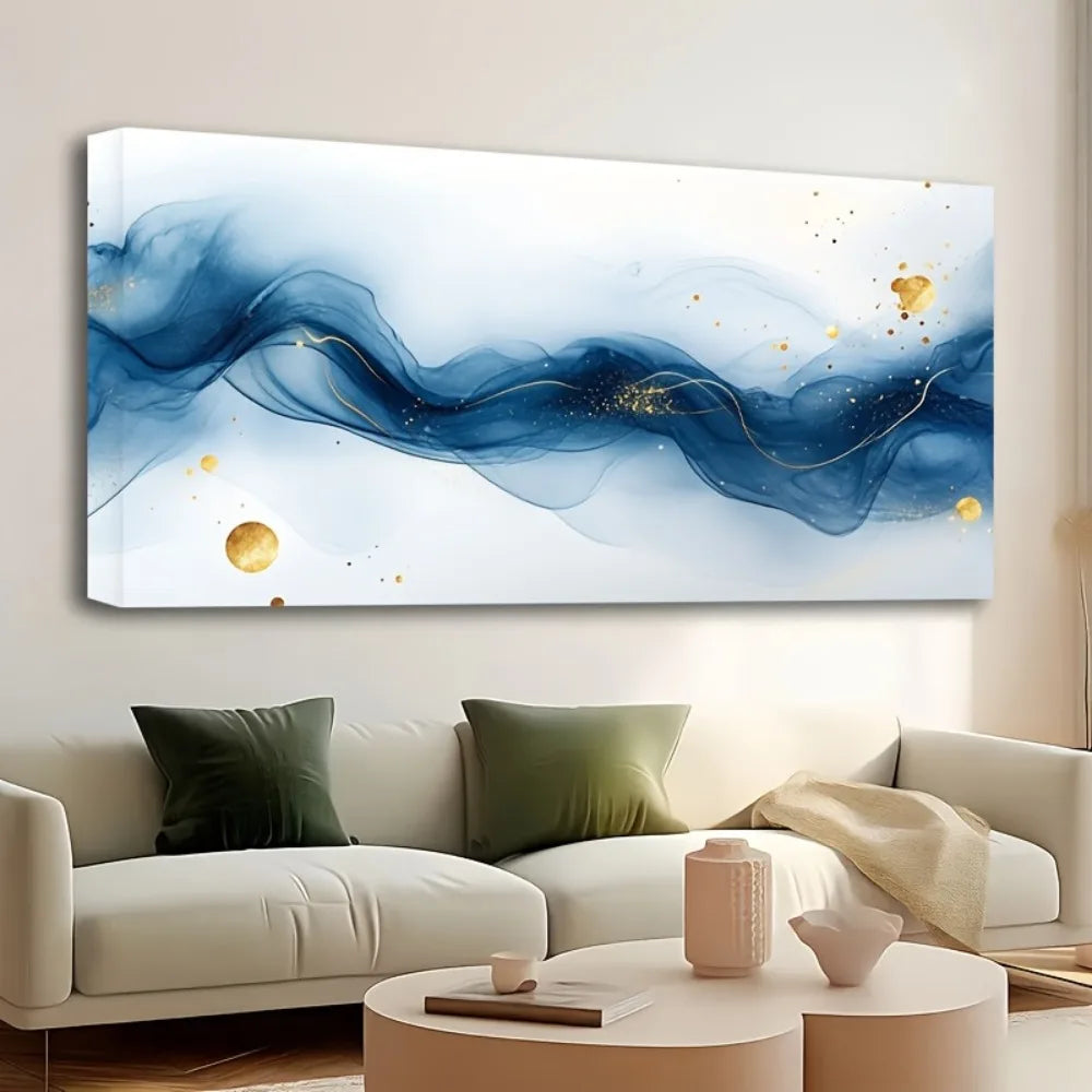 Large Abstract Gold and Blue Gradient Painting, 1.5" thick frame.