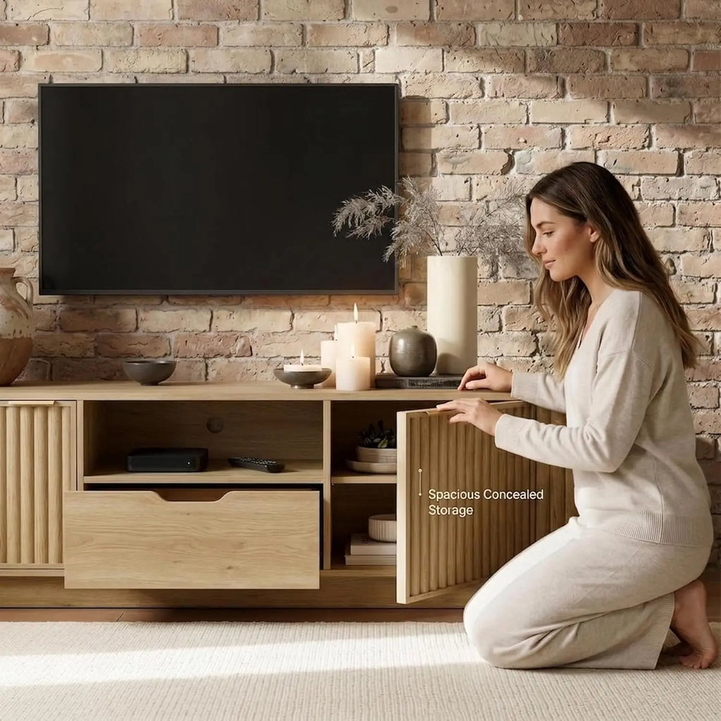 70IN Fluted TV Stand, With Storage Drawers And Adjustable Shelves, Wooden