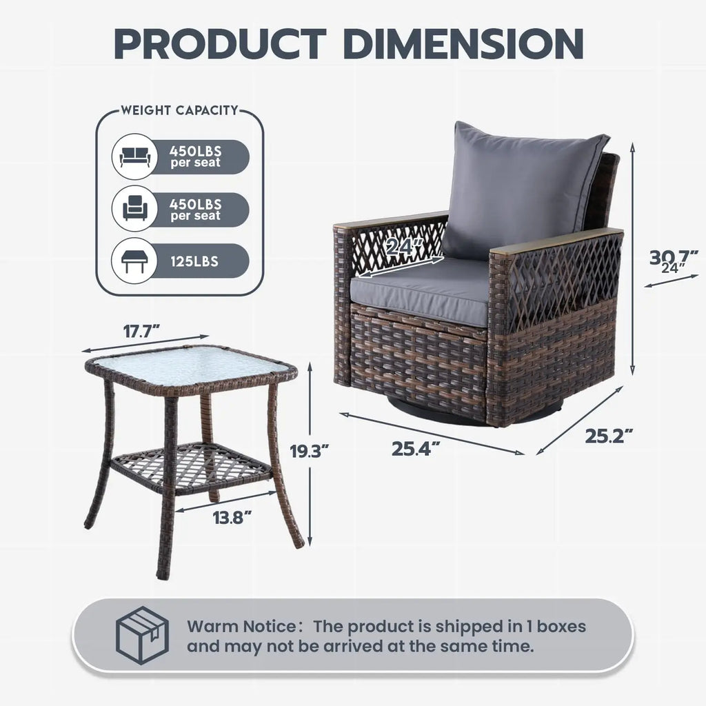 3 Pc Bistro, All-Weather Wicker, Table, Rotate 360deg & Rock