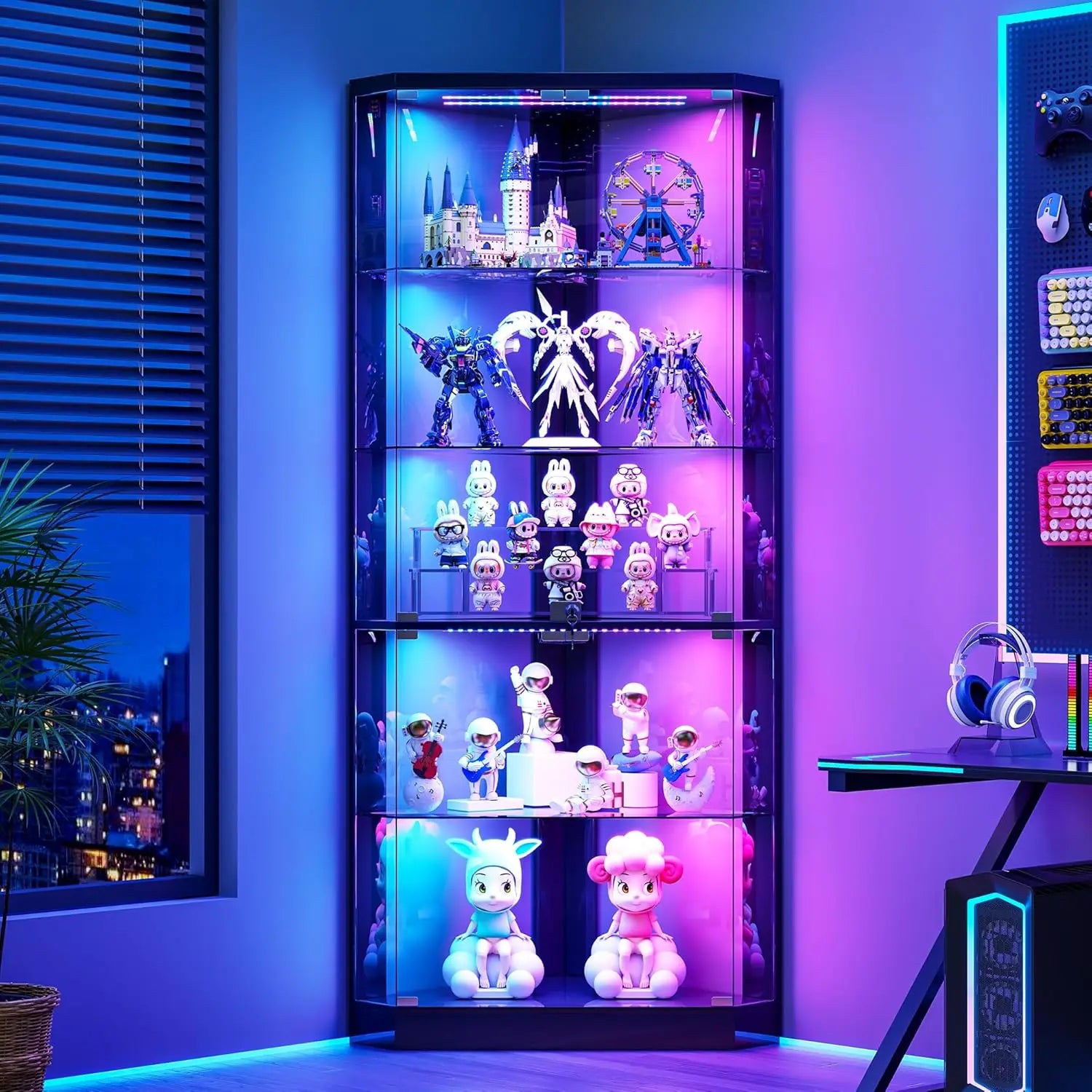Corner Cabinet RGB Lights, 5-Tiers Cabinet Display with Lock, 69" Tall