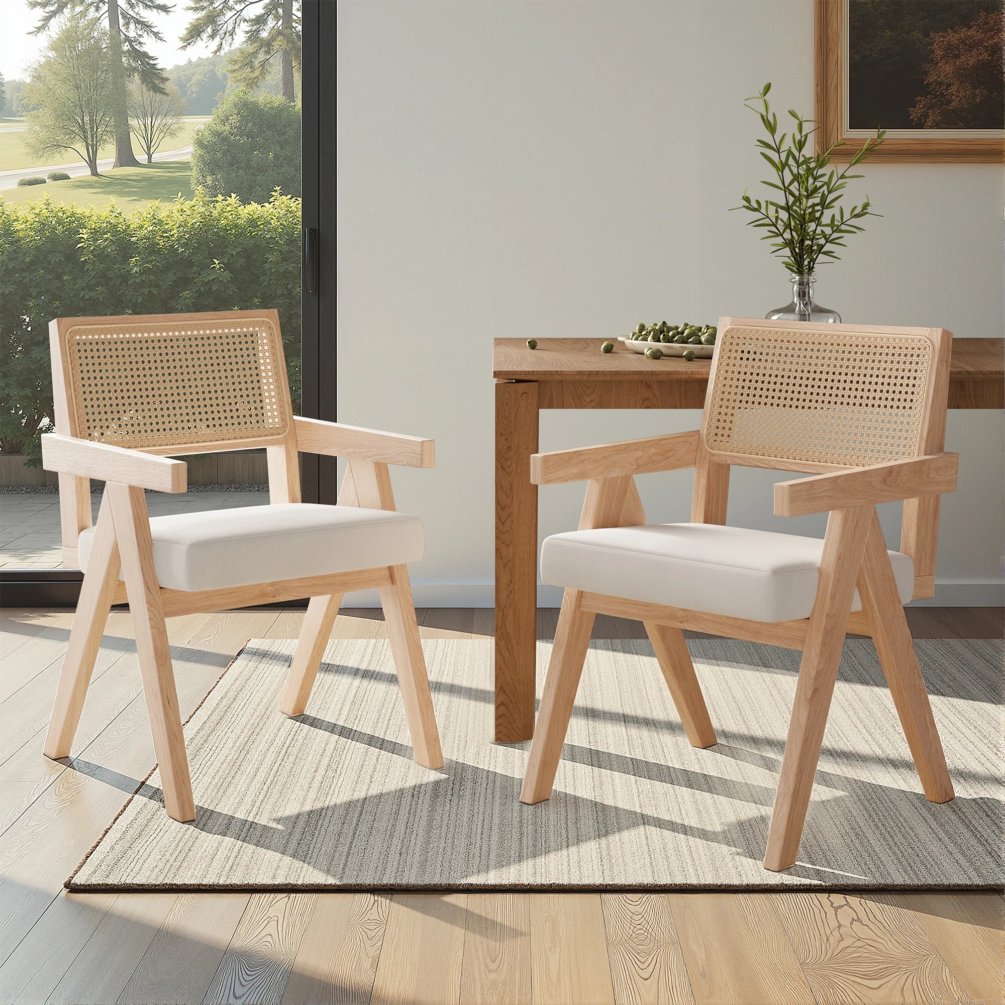 2 Rattan Chairs, Ash Wood Frame, Woven Rattan, Non-Slip Pads