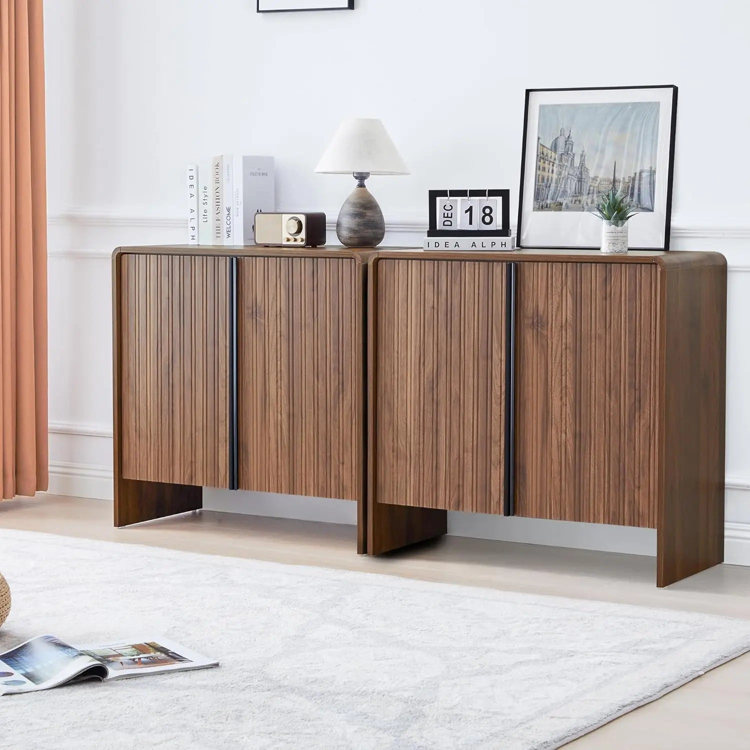63" Fluted Buffet Cabinet Wood Arched Profile